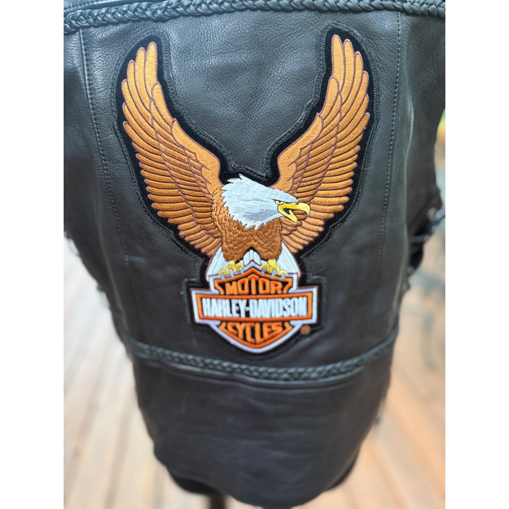 Unik Ultra Black Leather Motorcycle Vest Harley Davidson Eagle Patch Braided L